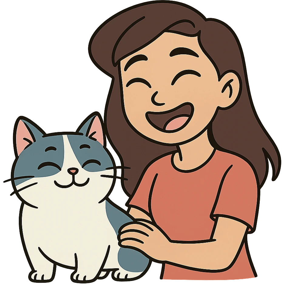 flat toon style of a brown-haired Asian girl and her blue and white Manchikon cat, both happy emoji