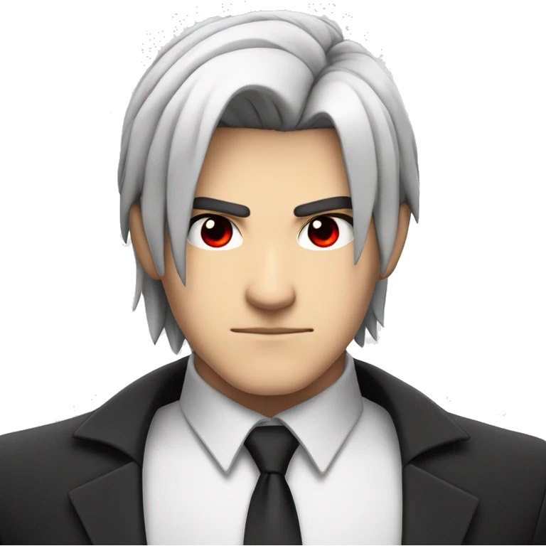 Anime hero emoji with black and white hair, red eyes, and a serious, determined expression in a black hero suit emoji