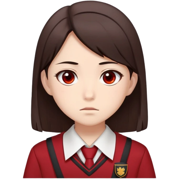Ayanokoji with cold, expressionless face, sharp brown eyes, dark brown hair, red school uniform, serious vibe emoji