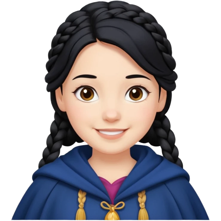 braid black hair, white girl, dark blue cloak, happy smile emoji