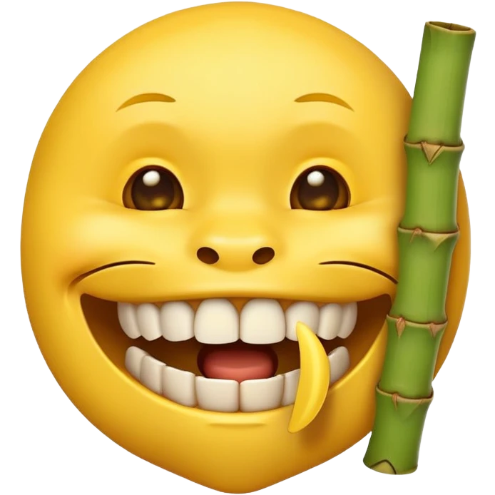 yellow emoji face biting on bamboo muzzle with teeth visible emoji