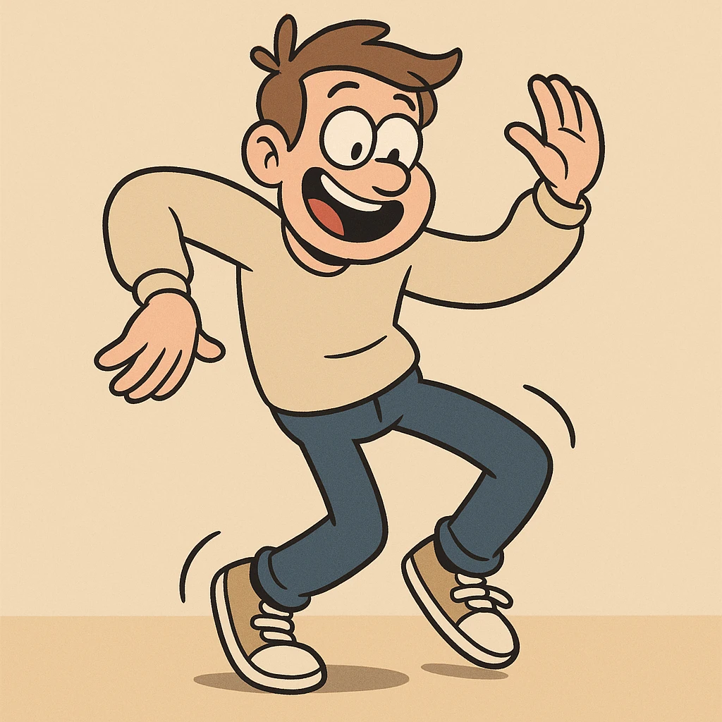 a cheerful man in casual clothes hitting the Griddy, exaggerated dance motion emoji