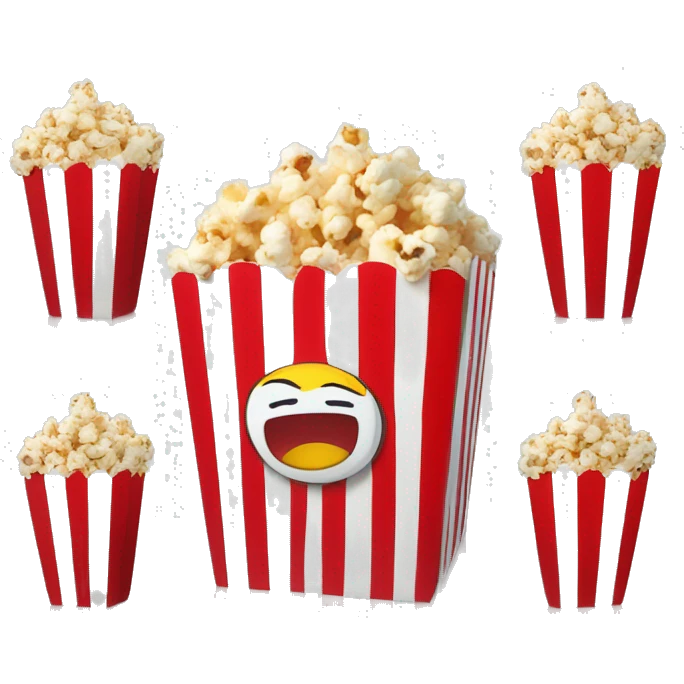 A WHITE AND RED STRIPES ANIMATED POPCORN BOX WITH POPCORNS IN IT READING A BOOK emoji