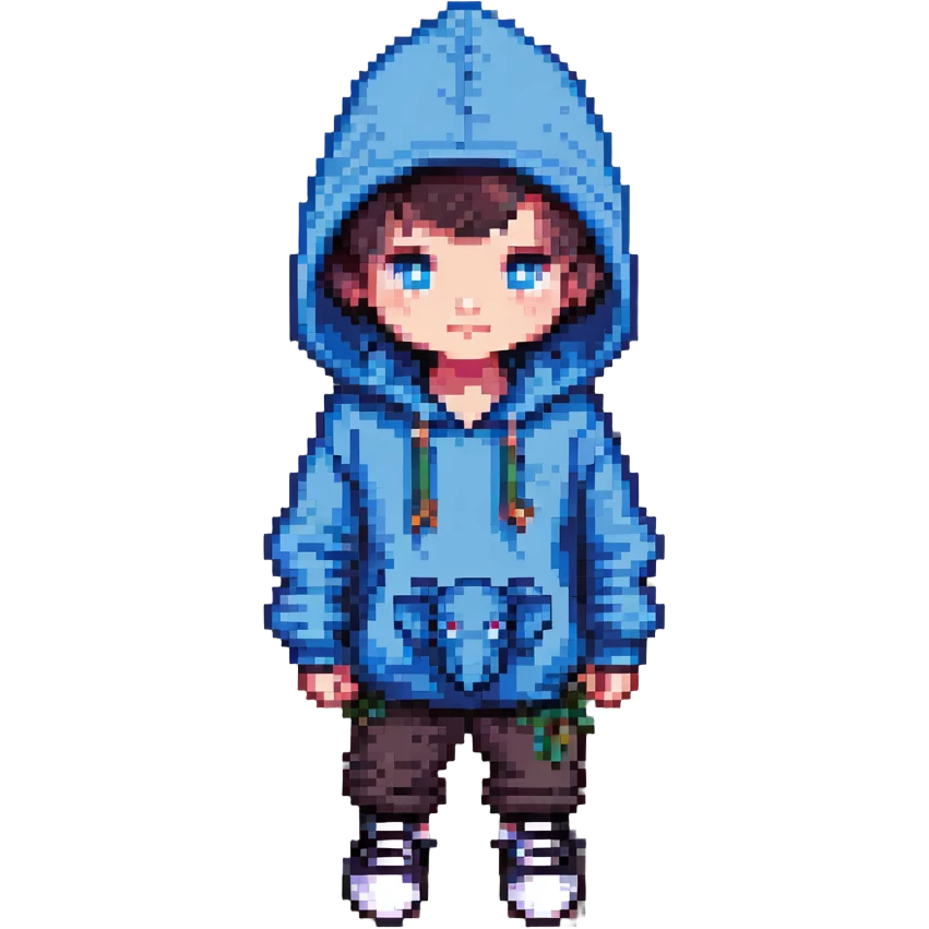 pixel art kid wearing a hoodie with an elephant inside the hoodie, black shoes, top hat, blue eyes emoji