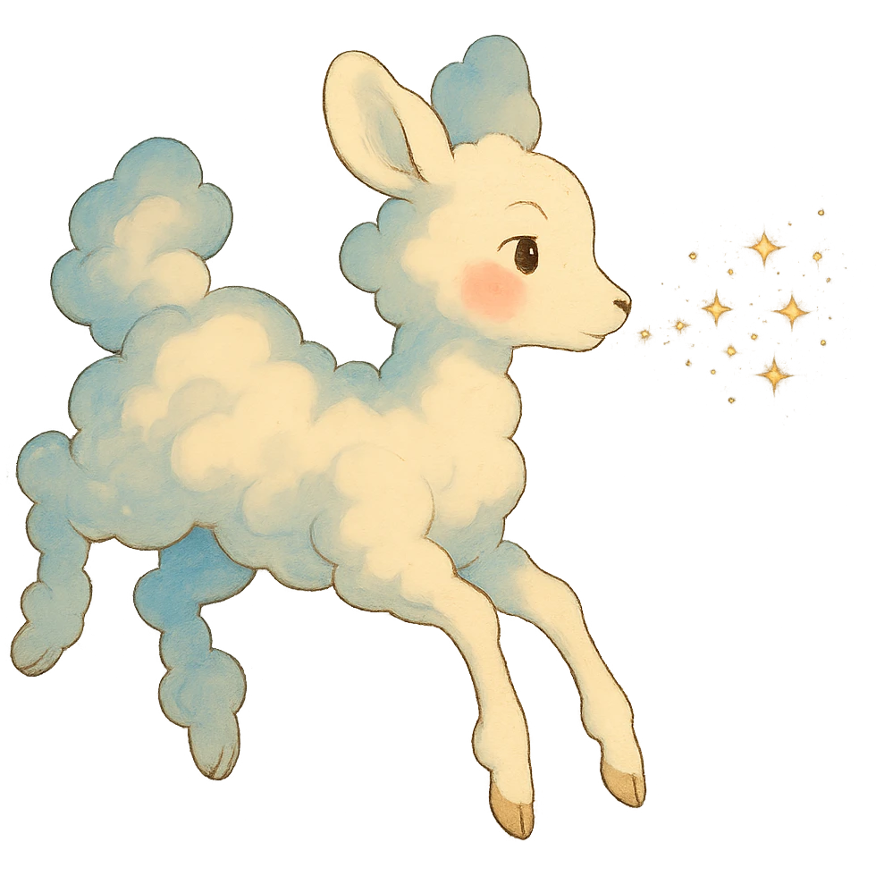vanilla cloud doe with rosy cheeks, floating and blowing sparkles, ghibli style emoji