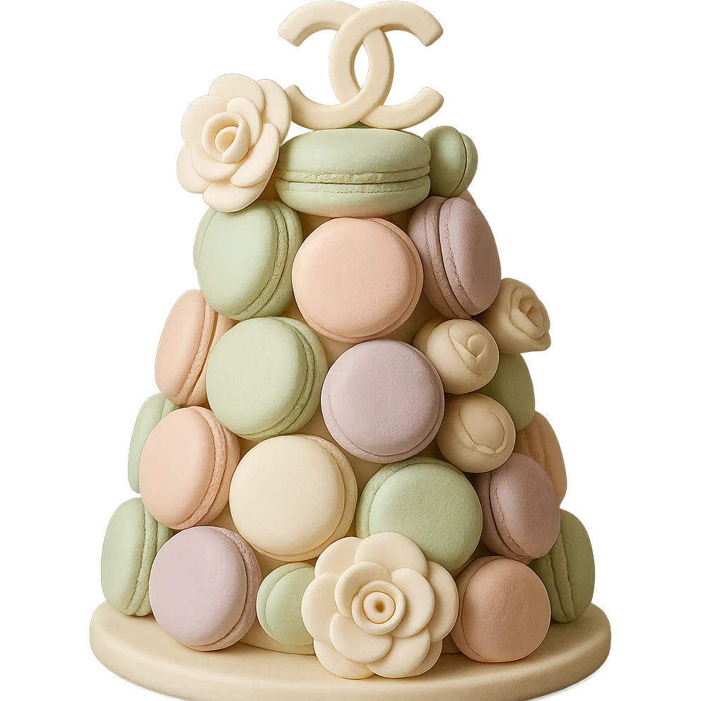 pastel fondant cake art style Chanel macaron tower with logo and camellia flowers emoji