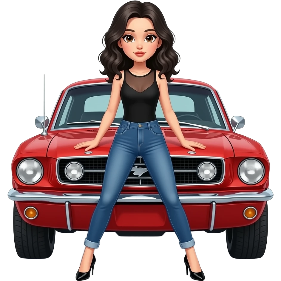 Pale girl with black wavy hair and brown eyes in front of a red ford mustang 1968 coupe. Girl wearing a sheer black sleeveless top, medium neckline, jeans and heels with visible toes. Legs wide spread and hands resting on the hood. emoji
