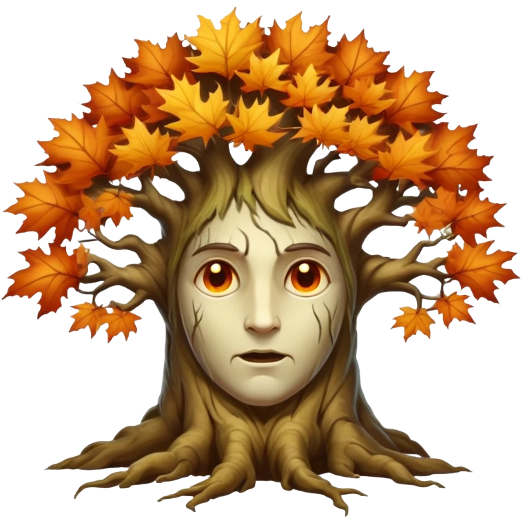 An ancient, psychic tree evolves by absorbing the essence of fallen autumn spirits, sprouting a radiant, maple-crowned face that channels both forest wisdom and fiery seasonal magic through its gnarled, all-seeing trunk. emoji