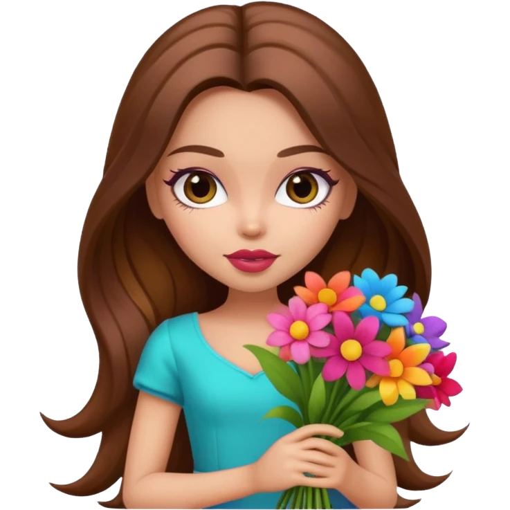 stylish pretty bratz baddie, long brown hair holding big bouet of flowers  emoji