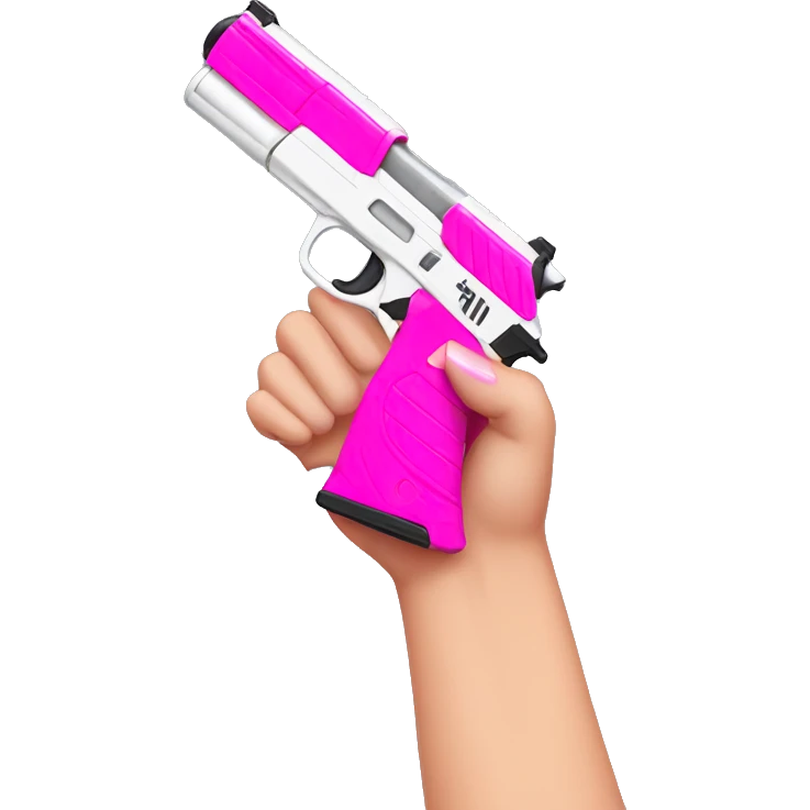 White hand with pink nails holding a dark pink nerf gun emoji