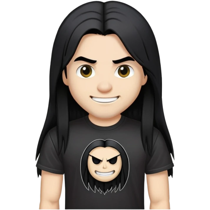 A heavy metal fan with long straight black hair, wearing a black heavy metal band t-shirt, with a smirky smile on face emoji