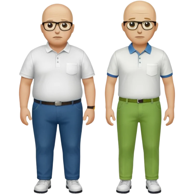 two guys, the first guy is white and have hair but only around his head and not on top, have glases a white dressshirt with rolled up sleeves and green pantsThe second guy has a yellow skin white golf shirt blue jeans and bald they should stand next to eachother they are both really fat  emoji