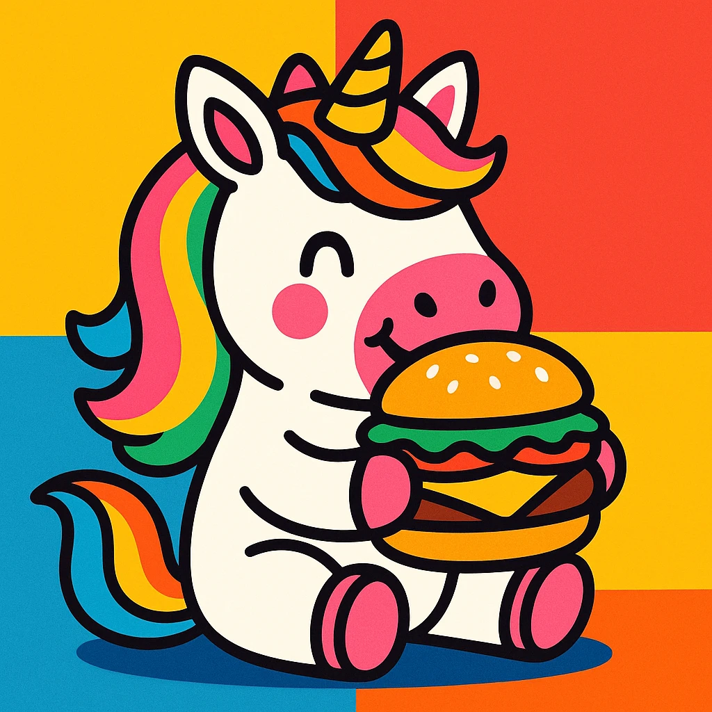 unicorn eating a hamburger, colorful, cheerful emoji