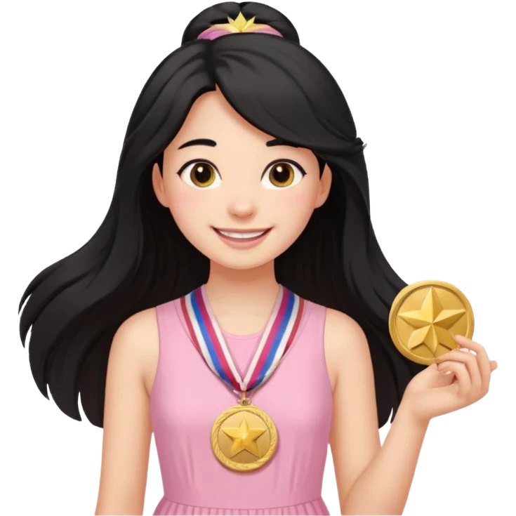black haired girl wearing pastel pink with medals remove any hats, make her smile, make her hair longer emoji