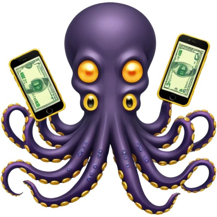 Intimidating octopus with pearl black skin, neon suction cups. Evil glaring eyes. Wearing a thick gold chain. 2 tentacles are holding their own cellphone, 2 more tentacles are holding stacks of money. emoji