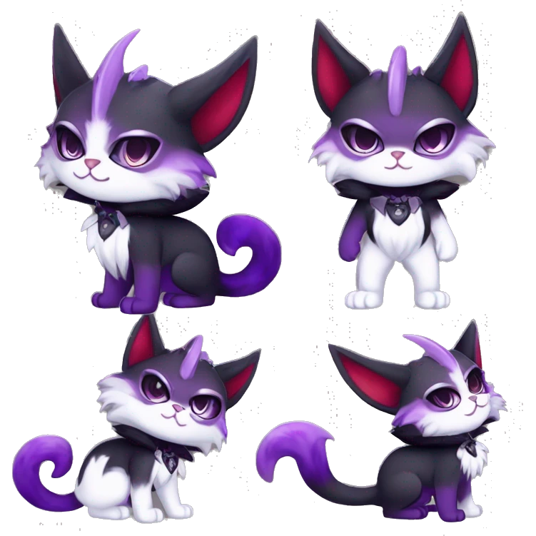 Anthro-Cute-Edgy-Vampiric-Batty-Cat-Black-Purple-Red-White-Contrast-Colors-Fantasy-Fur-Sona-Chibi-Shiny-Fakémon-Hybrid with horns full body emoji