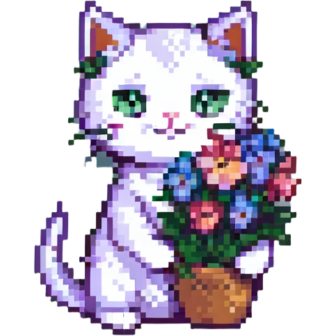 a cat holding flowers, pixel art style emoji
