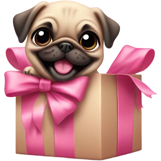 Baby pug with big pink
eyes wearing a pink bow above 1 ear sitting in a gift box  laughing  emoji