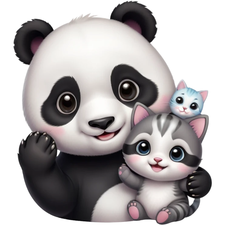 A cute baby panda taking a selfie with a small kitten, both smiling and looking at the camera, cartoon style, pastel colors, soft background, ultra cute, kawaii style, detailed, high resolution
 emoji