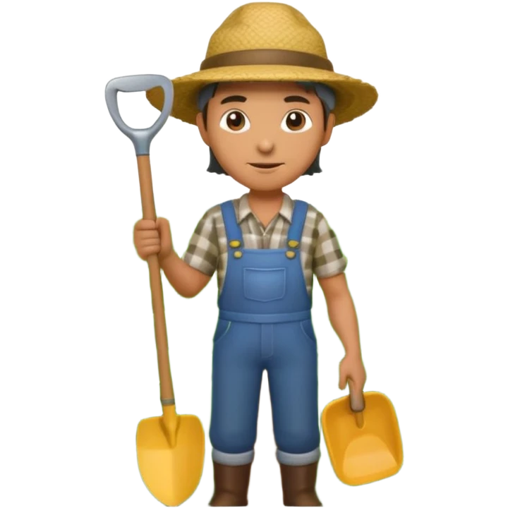 A 3D cartoon farmer standing in a green field with crops, wearing a hat and holding a shovel, bright sunlight, soft shadows, realistic Memoji-style rendering. emoji