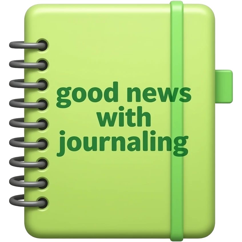 kawaii journaling notebook emoji, lime green hardcover journal with retro green lettering saying "good news with journaling", simple cute icon style emoji