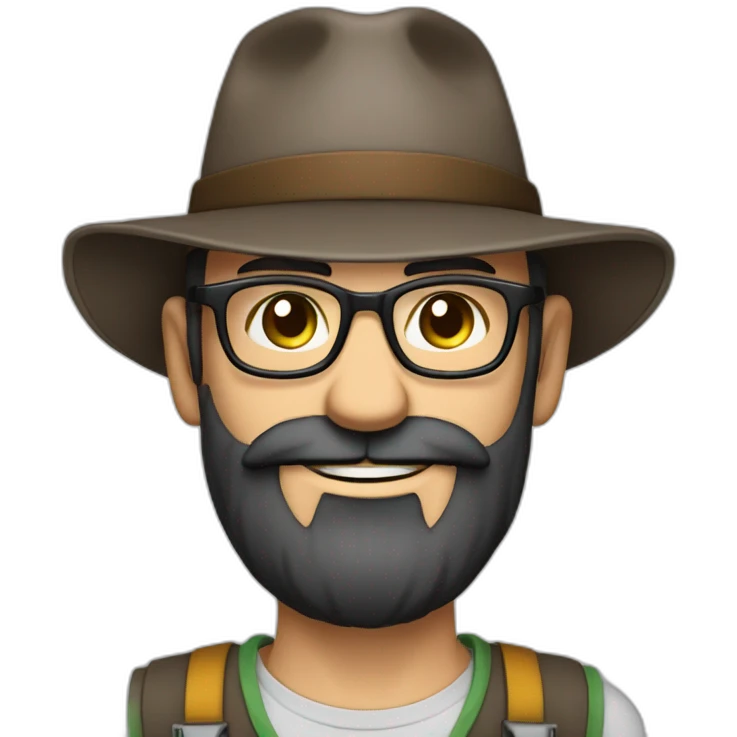 happy smile gardener face long dark beard and bald dark hair round glasses brown eyes and a hat emoji