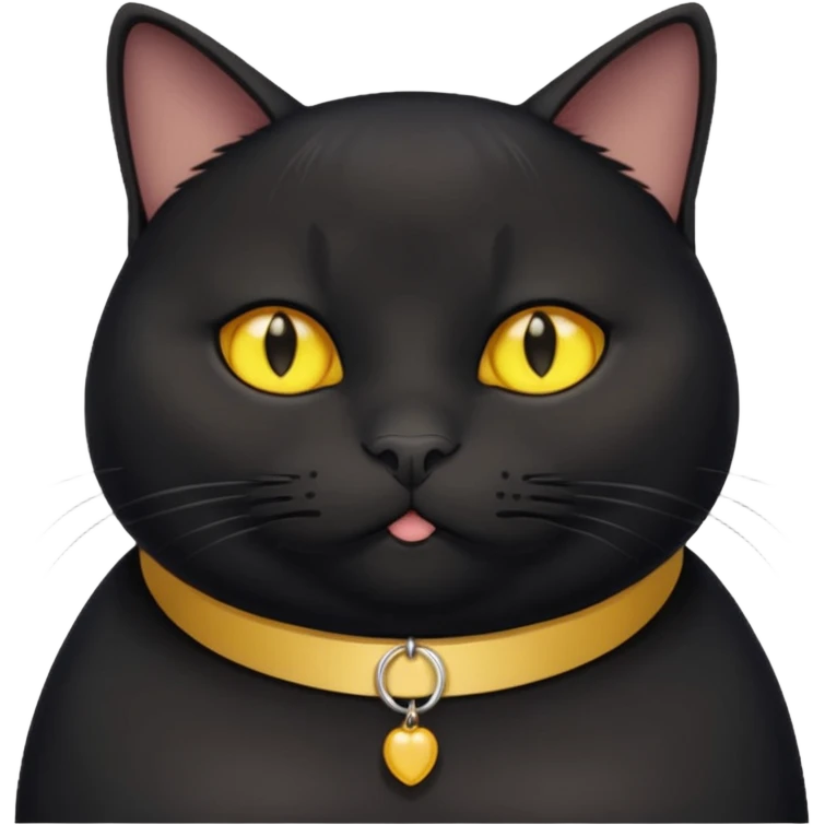 Un gato negro gordito con los ojos de color amarillos sentado con un collar que diga: waina michi emoji