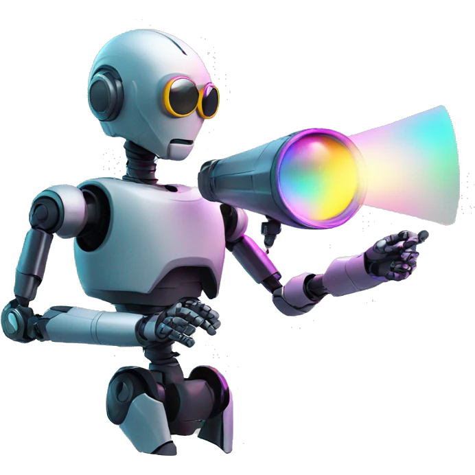 Secret robotic agent with a spyglass reviewing multicolor lines of code emoji