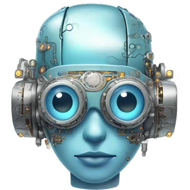 Pastel blue haired cyborg head with silver steampunk goggles and circuits emoji