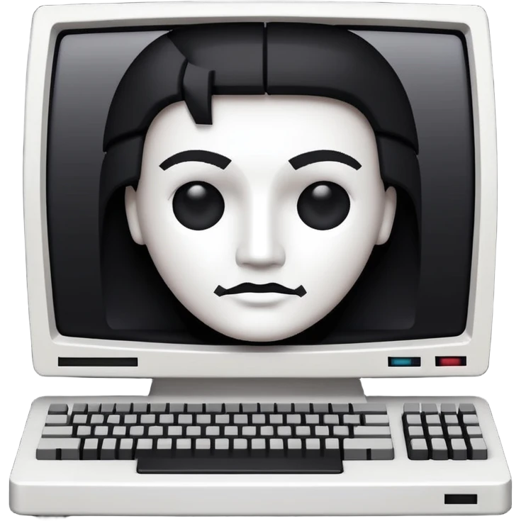 White and black 80s computer with face emoji