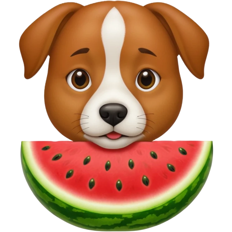dog with brown eyebrows holding a watermelon emoji