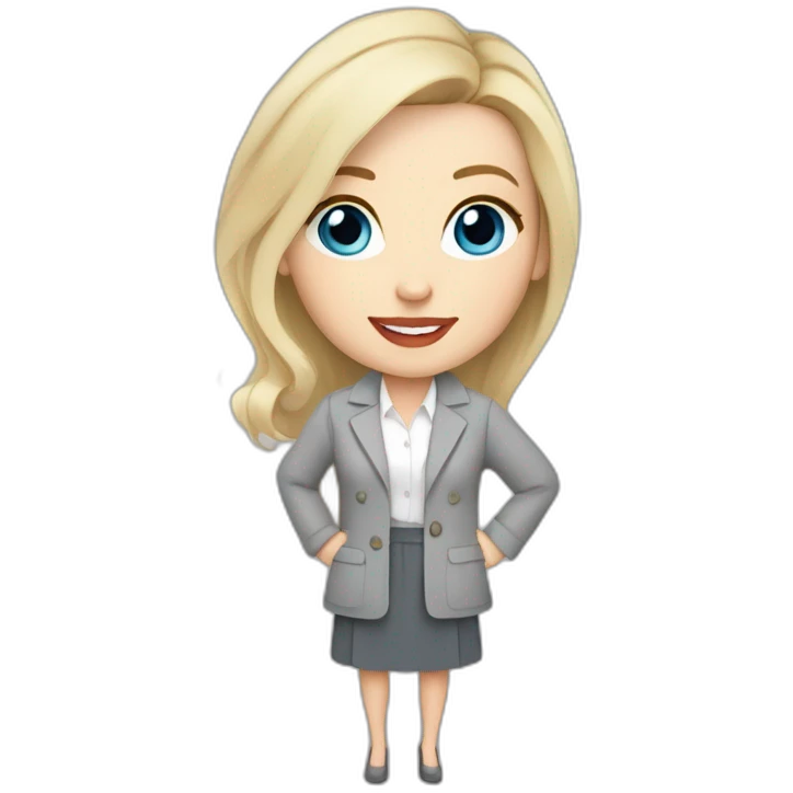 pale skin woman interior designer with cold blonde middle length hair, blue eyes, White blouse, Gray oversize jacket, Gray skirt holding a color palette in the hands emoji