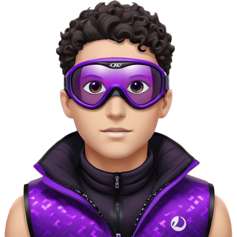 close-up of male athlete with white skin and moderately curly dark brown hair on top with shaved sides, wearing ski goggles with purple frames and very dark black lenses, a simple plain black chain necklace, and a completely unzipped sleeveless vest with purple and black sequin fire pattern design with no logo, frame centered on face and upper chest emoji