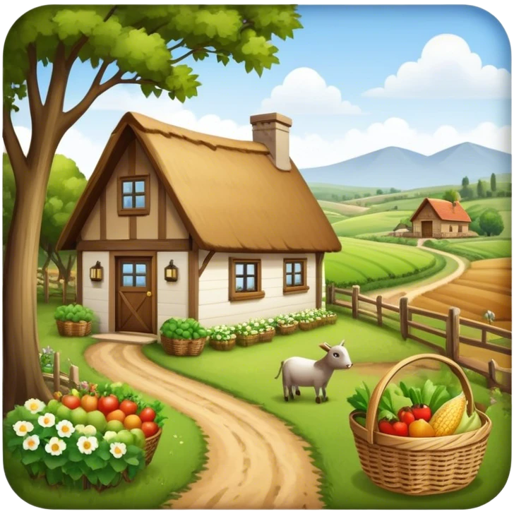 Icon for Rural Tourism: a peaceful countryside scene with a wooden cottage, a dirt path, grazing animals, and a basket of fresh produce. The icon should represent the tranquility and charm of rural life. Transparent background. emoji