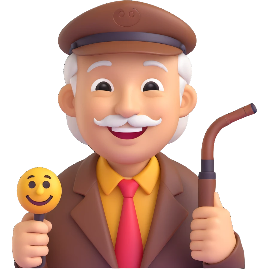 3D smiley emoji, round shape, grandfather with pipe, brown color, smiling face emoji
