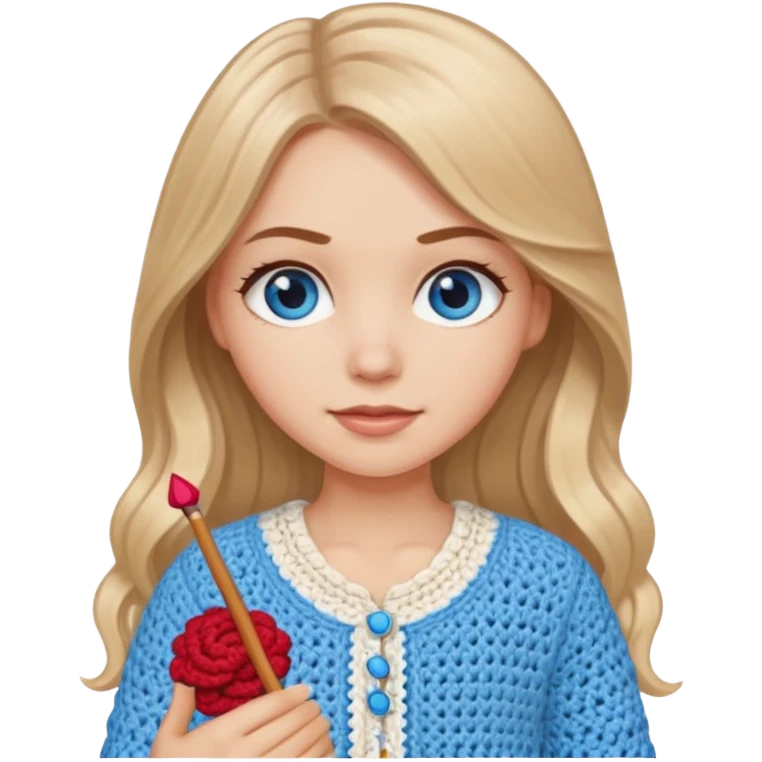 White Girl with long light brown slightly blonde ish hair and blue eyes who likes crocheting clothes emoji