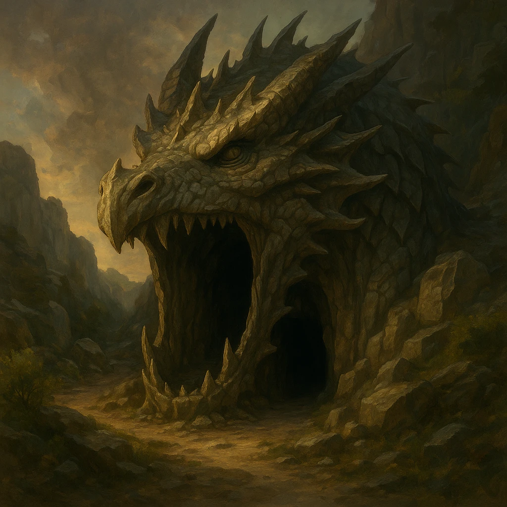giant dragon head as a cave entrance, fantasy art style emoji