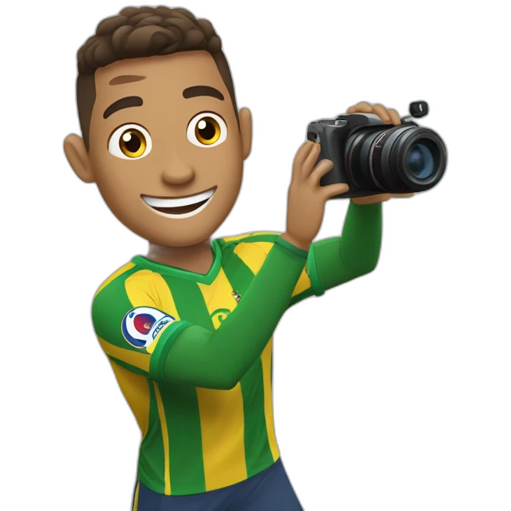 Design an emoji showcasing a joyful footballer, akin to Cristiano Ronaldo, gleefully snapping photos with a camera, embodying the excitement of capturing memorable moments on the field. emoji