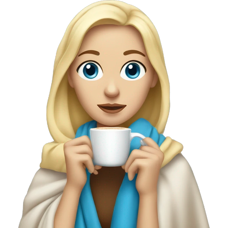 Blonde woman with blue eyes wrapped in blanket drinking coffee emoji