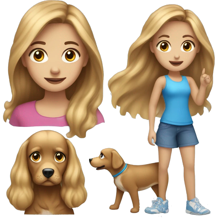 girl with long light brown hair with blond hlighligjts and blue eyes playing with her dog  emoji