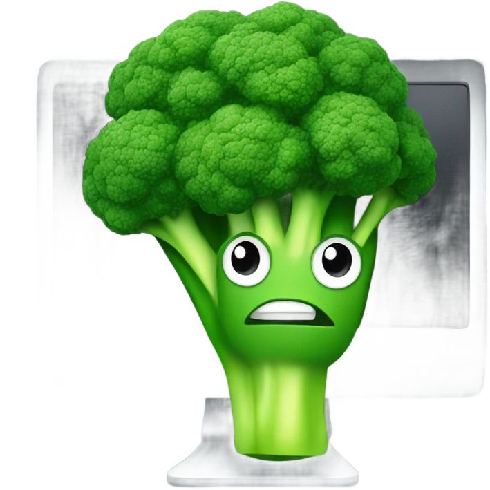 Generate a creative broccoli emoji sitting in front of a computer with a stylus, designing something on a screen. emoji