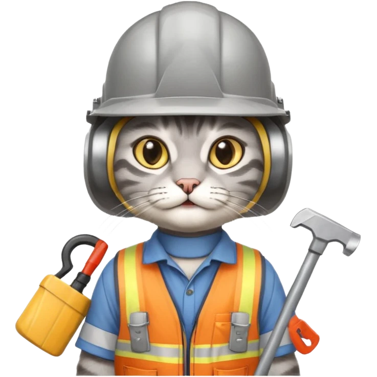 gray cat, handyman Outfit, wearing a Helmet emoji