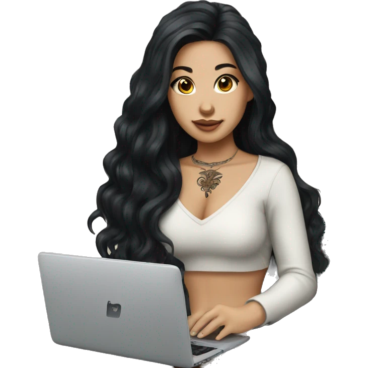 beautiful girl, with tattoos, with long black hair, wavy hair, chinese, with laptop emoji