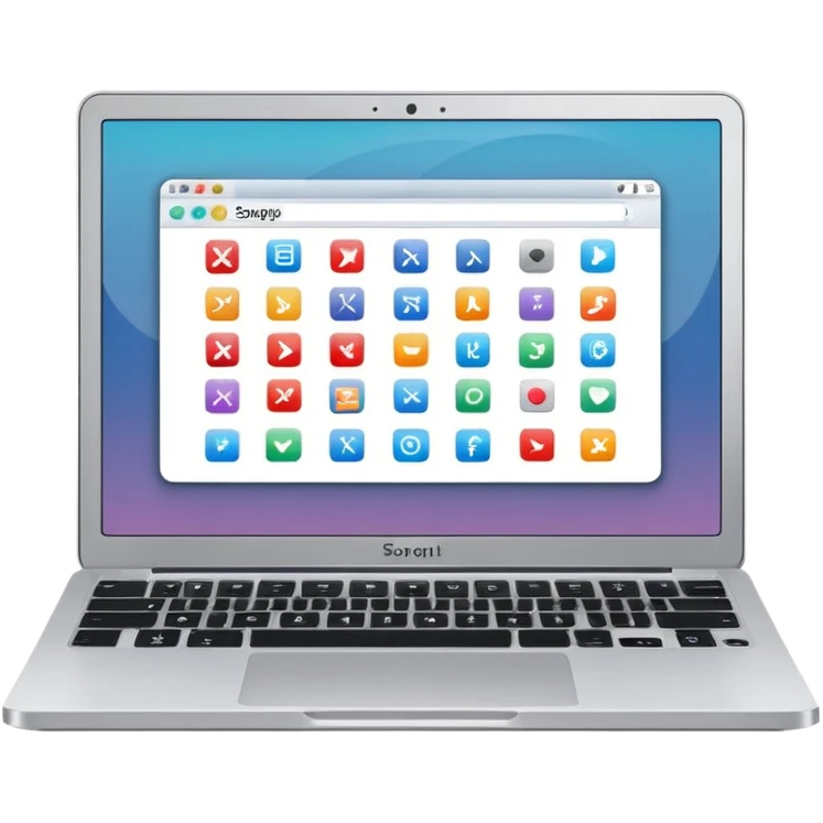 laptop emoji with homepage layout on screen showing small symbols for art, music, and design emoji