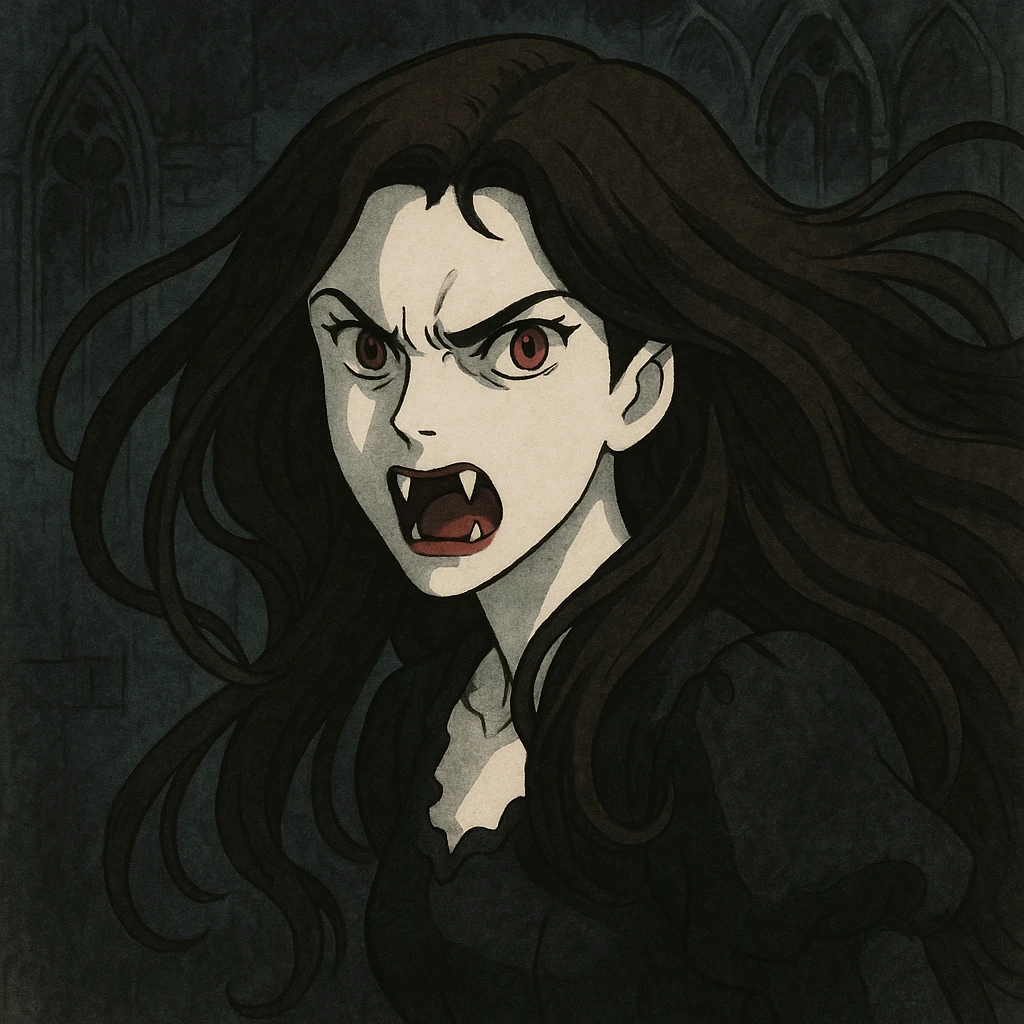 vampire woman, white skin, brunette, long flowing hair, angry face, fangs bared, gothic illustration style emoji