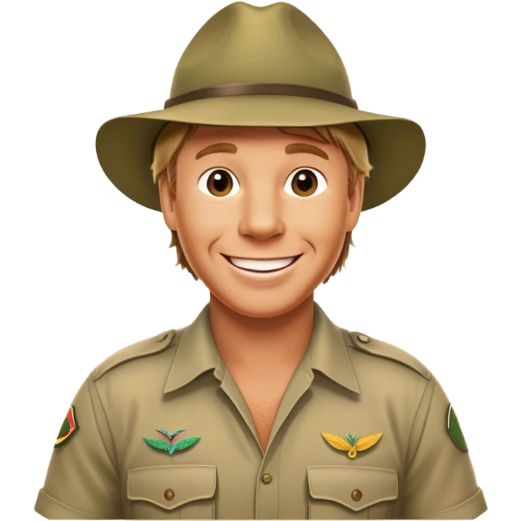 Cinematic Realistic Steve Irwin Portrait Emoji, depicted as a passionate wildlife expert in his signature khaki attire with an enthusiastic smile and a backdrop of the Australian outback, rendered with vibrant textures and dynamic natural lighting that captures his adventurous spirit. emoji