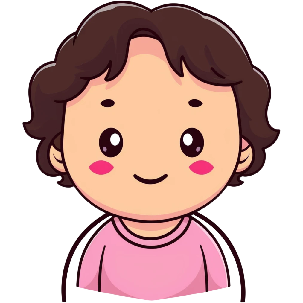 character with dark brown wavy hair, big brown eyes, small nose, big pink mouth, medium weight, medium height emoji