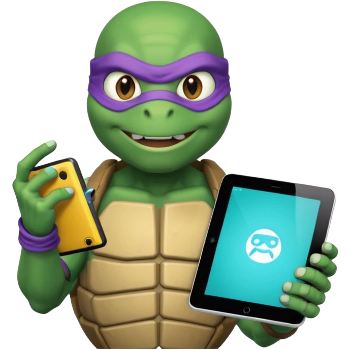 Donatello from Teenage Mutant Ninja Turtles, emoji style, holding a tablet with a hacking screen and a tech gadget, with a cyan hacking interface emoji