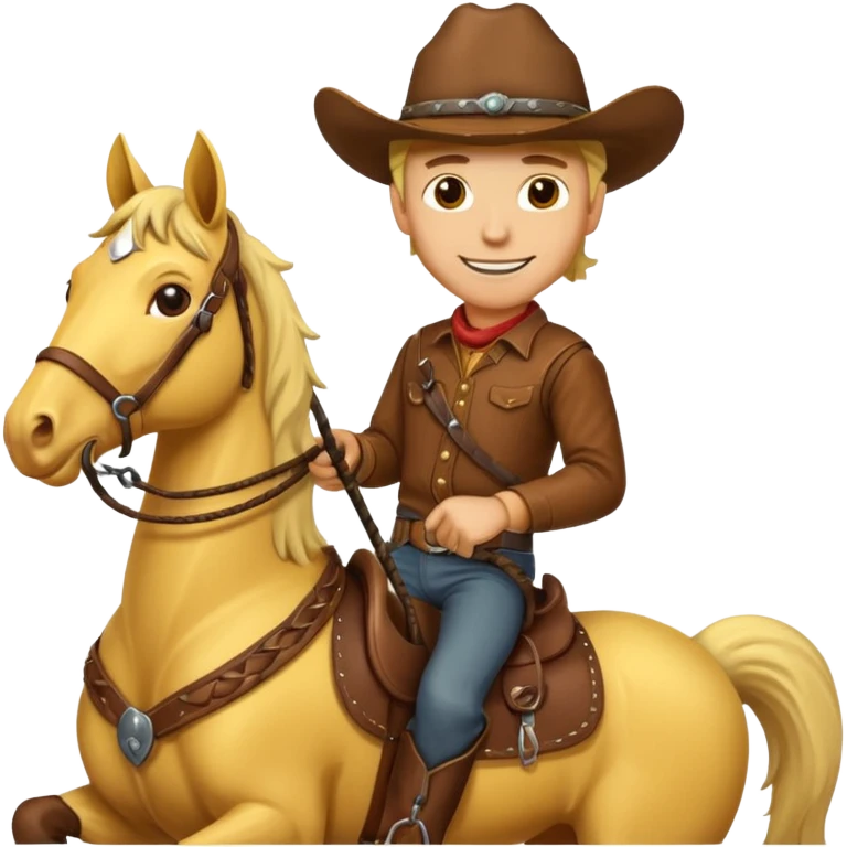 Cowboy riding a horse with whip. With yellow skin and smilling  emoji