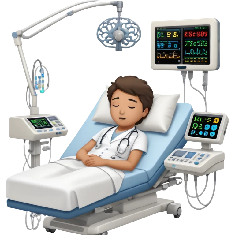 Hospital room with sleep study setup, hospital bed with sleeping patient, doctor in white coat, EEG machine, brain wave monitors, and hospital equipment emoji